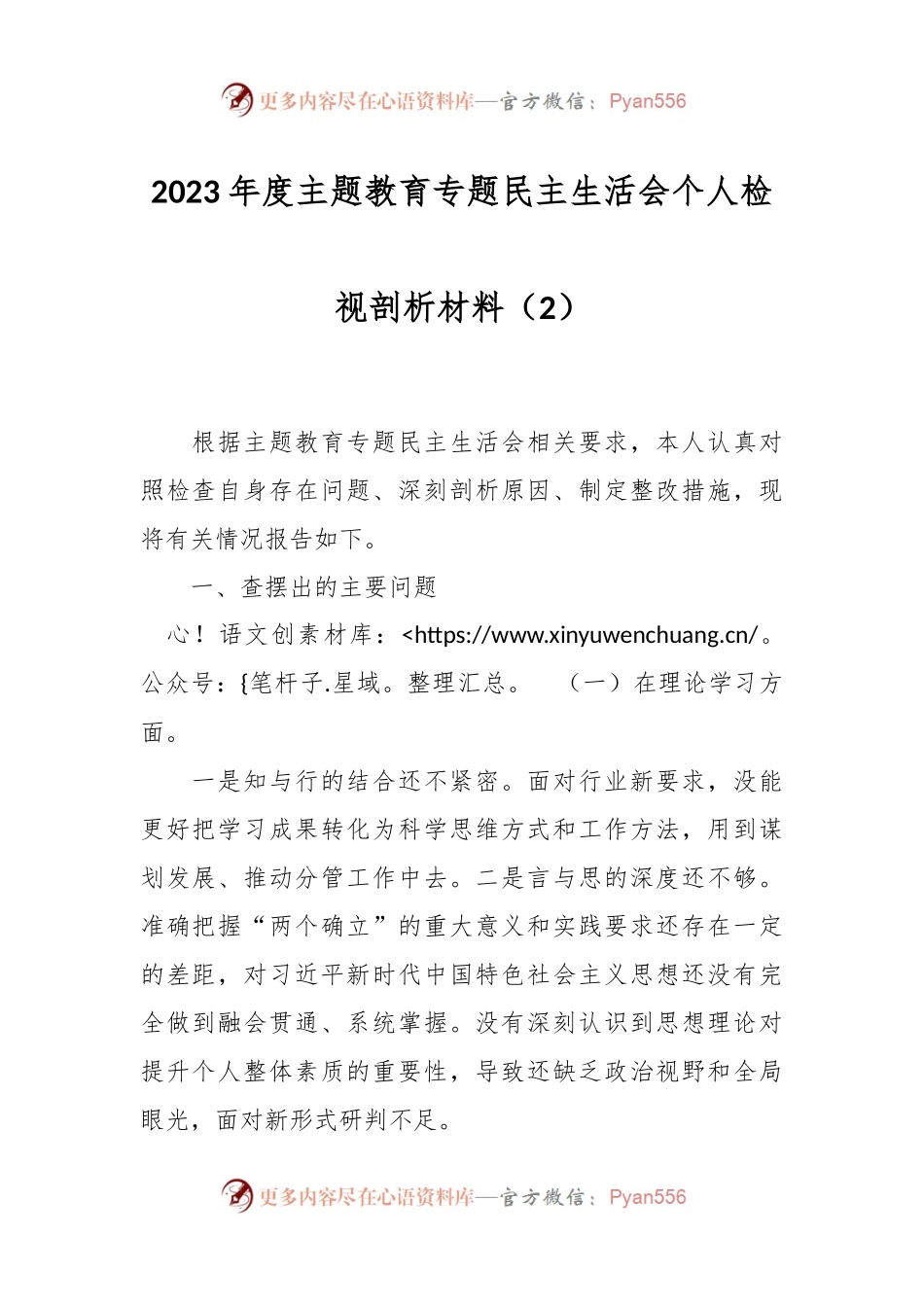 2023年度主题教育专题民主生活会个人检视剖析材料（2）.docx_第1页