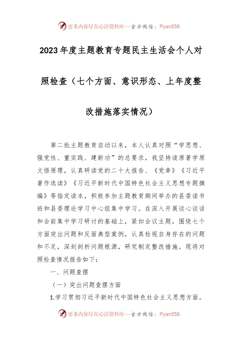 2023年度主题教育专题民主生活会个人对照检查（七个方面、意识形态、上年度整改措施落实情况）.docx_第1页
