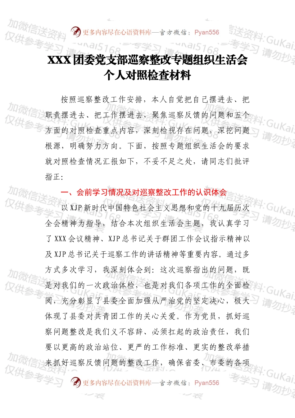 XXX团委党支部巡察整改专题组织生活会个人对照检查材料.docx_第1页