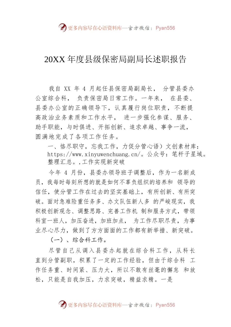 20XX年度县级保密局副局长述职报告.docx_第1页
