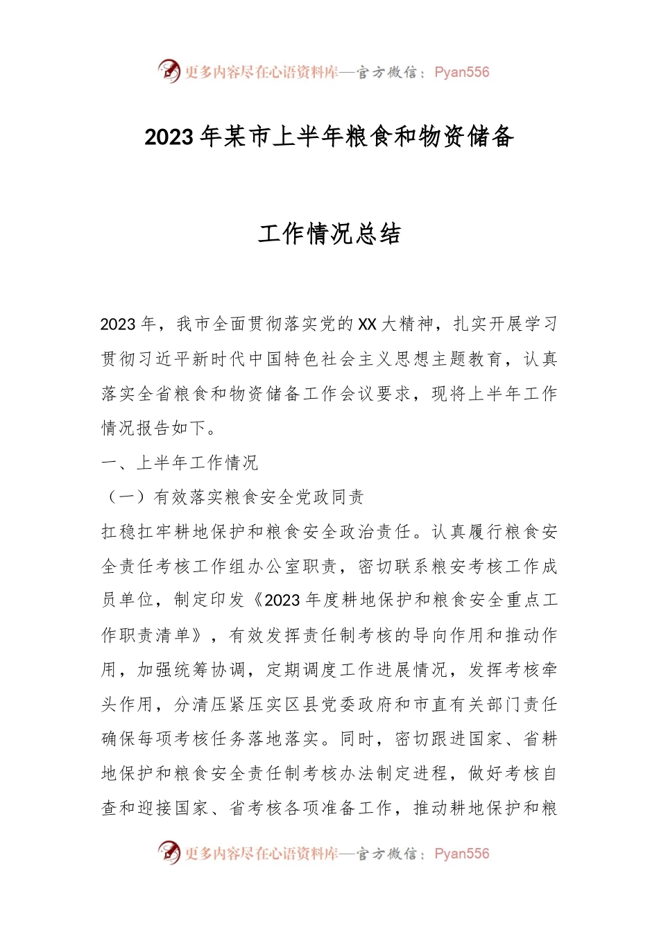 2023年某市上半年粮食和物资储备工作情况总结.docx_第1页