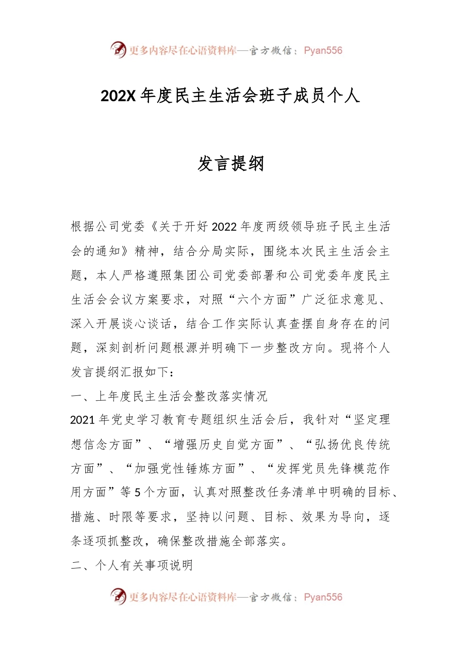 202X年度民主生活会班子成员个人发言提纲.docx_第1页