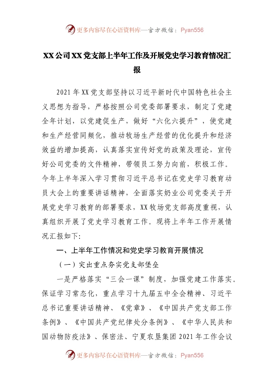 XX公司XX党支部上半年工作及开展党史学习教育情况汇报.docx_第1页
