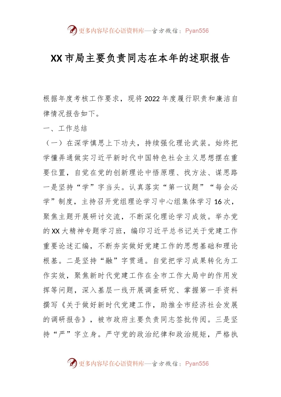 XX市局主要负责同志在本年的述职报告.docx_第1页