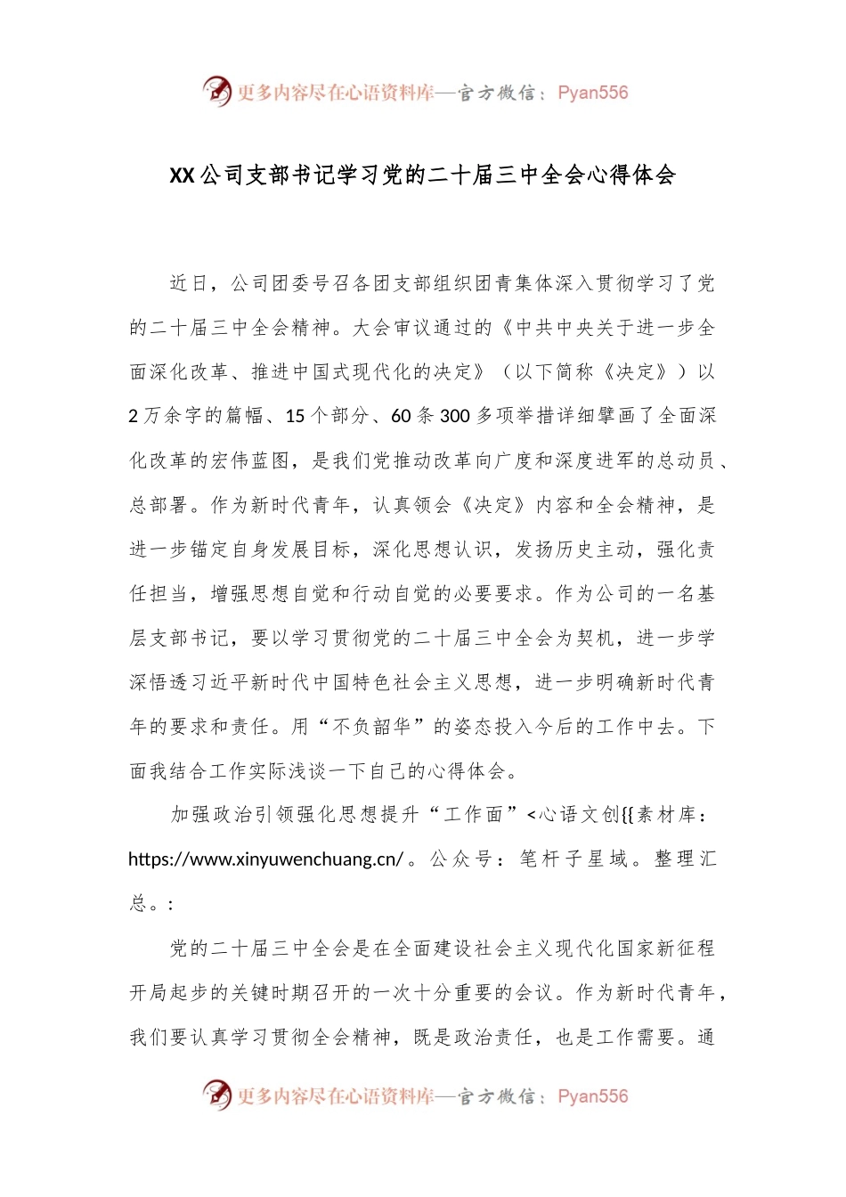 XX公司支部书记学习党的二十届三中全会心得体会.docx_第1页