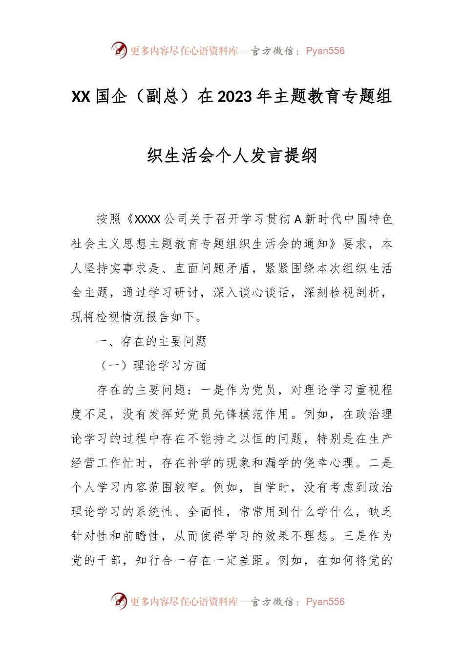 XX国企（副总）在2023年主题教育专题组织生活会个人发言提纲.docx_第1页