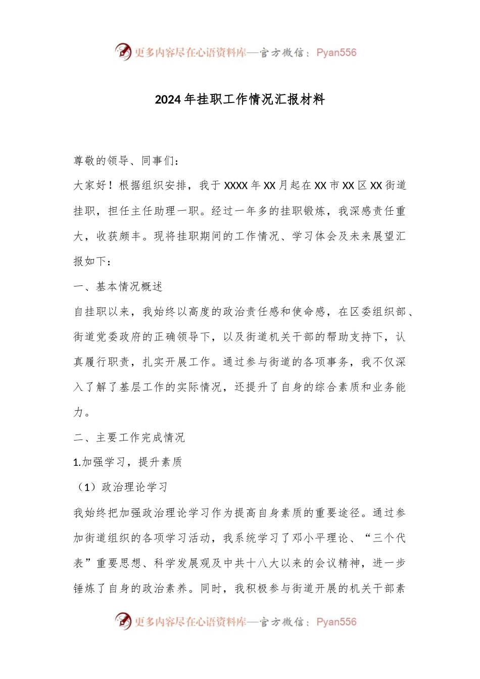 2024年挂职工作情况汇报材料.docx_第1页