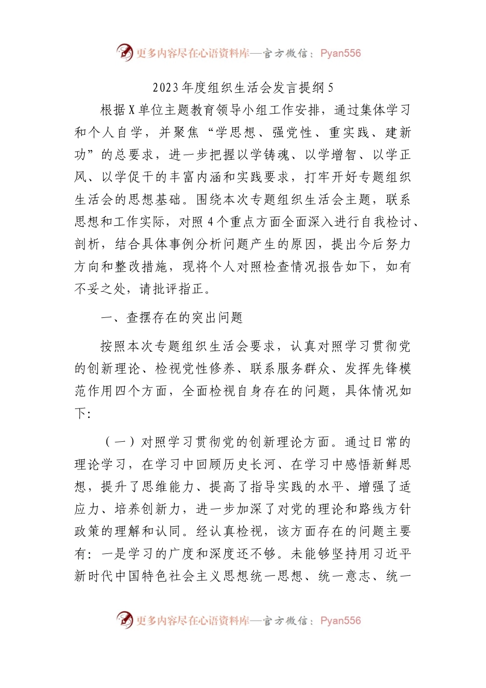 2023年度组织生活会发言提纲5.docx_第1页