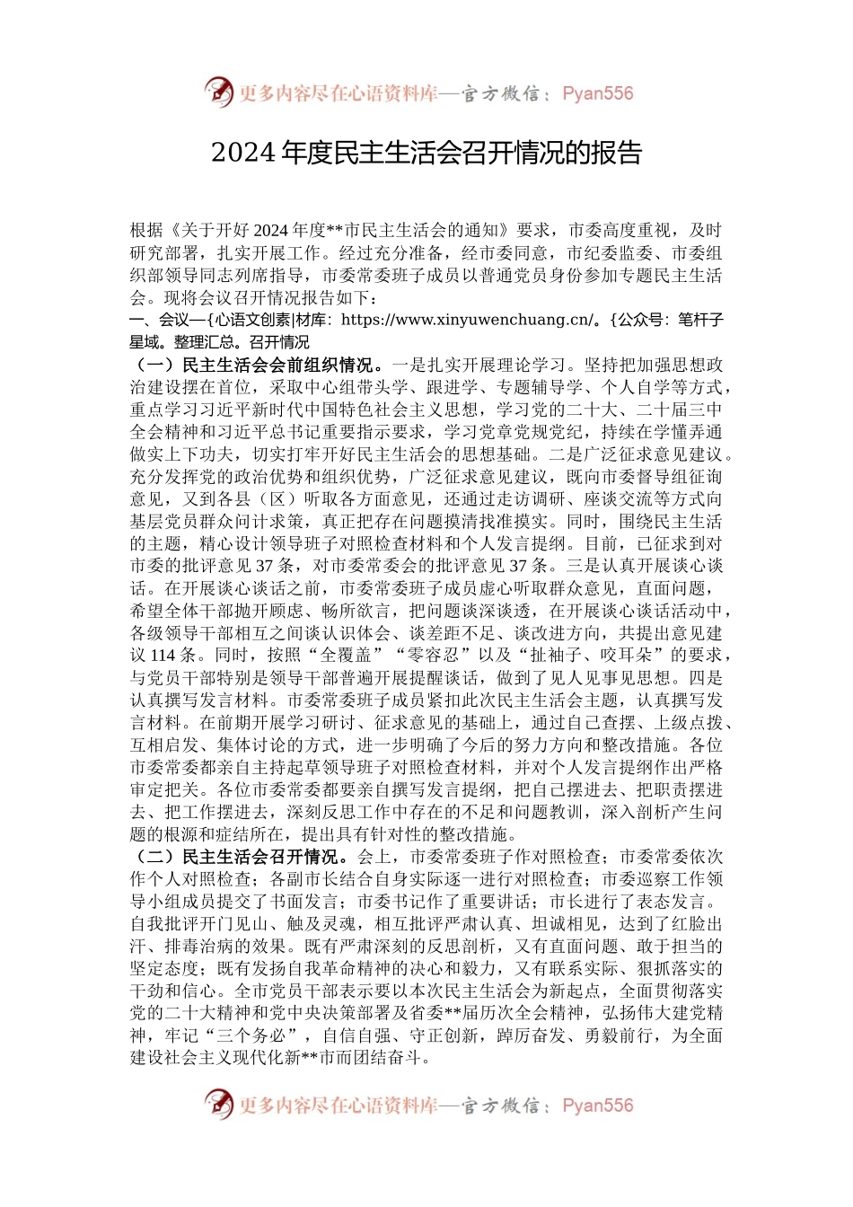 2024年度民主生活会召开情况的报告.docx_第1页