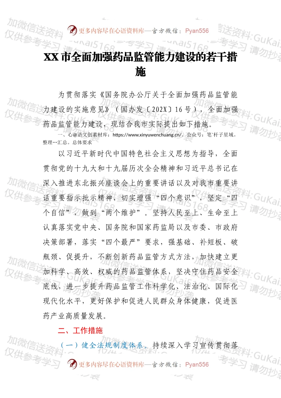 XX市全面加强药品监管能力建设的若干措施.docx_第1页
