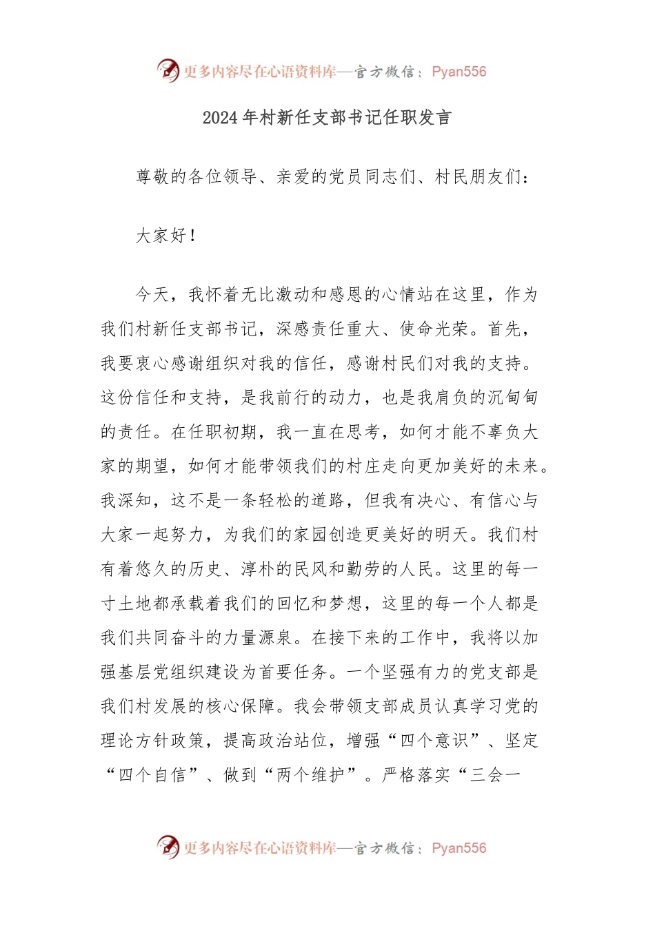 2024年村新任支部书记任职发言.docx_第1页