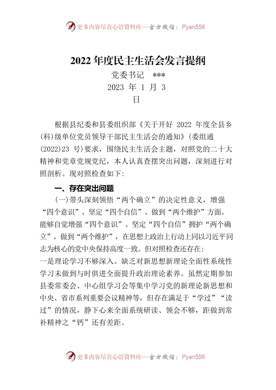 2023年度民主生活会发言提纲.docx_第1页
