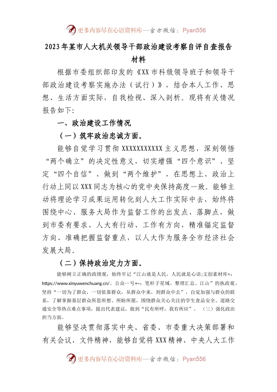 2023年市人大机关领导干部政治建设考察自评自查报告材料.docx_第1页