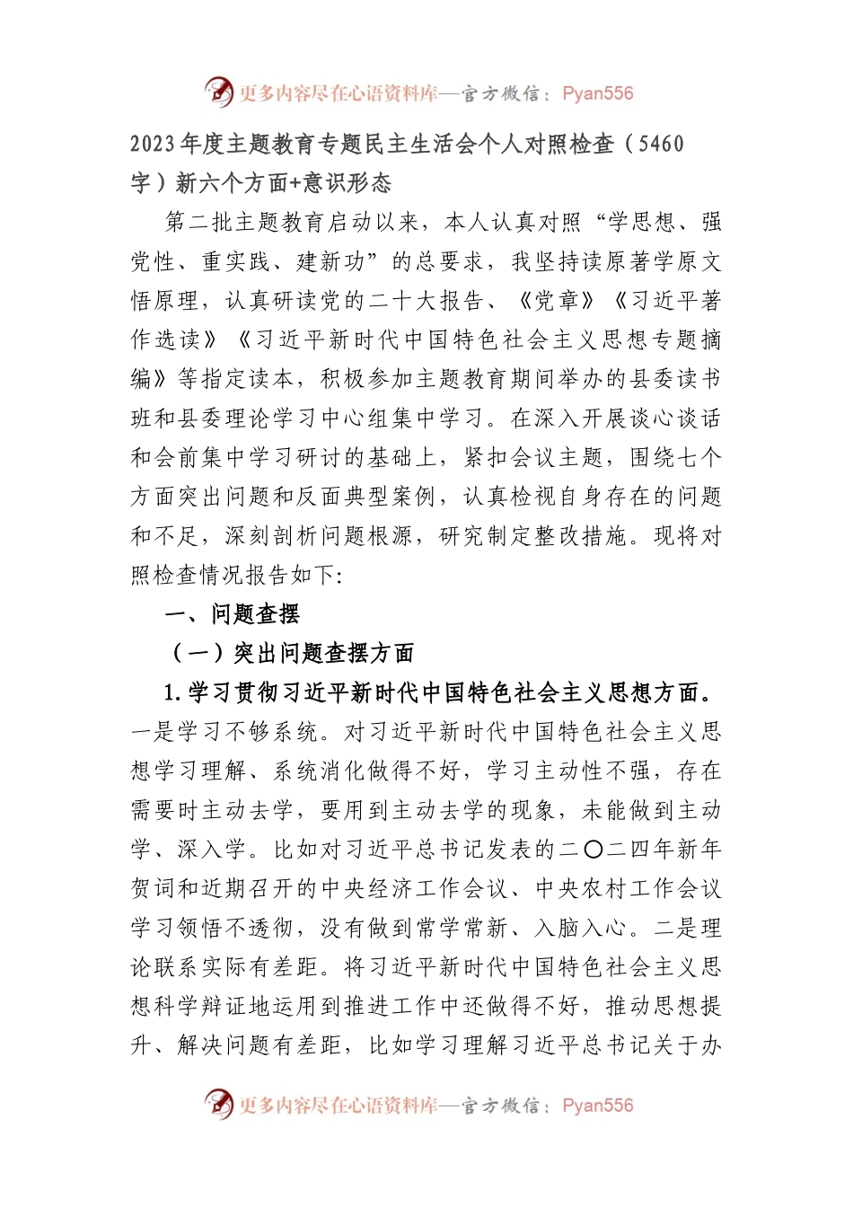 2023年度主题教育专题民主生活会个人对照检查（践行宗旨等6个方面+意识形态）.docx_第1页