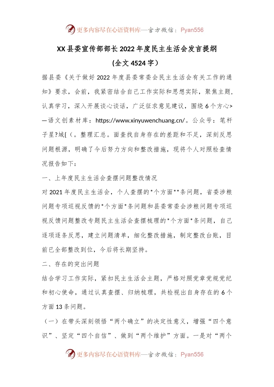 XX县委宣传部部长2022年度民主生活会发言提纲(全文4524字）.docx_第1页