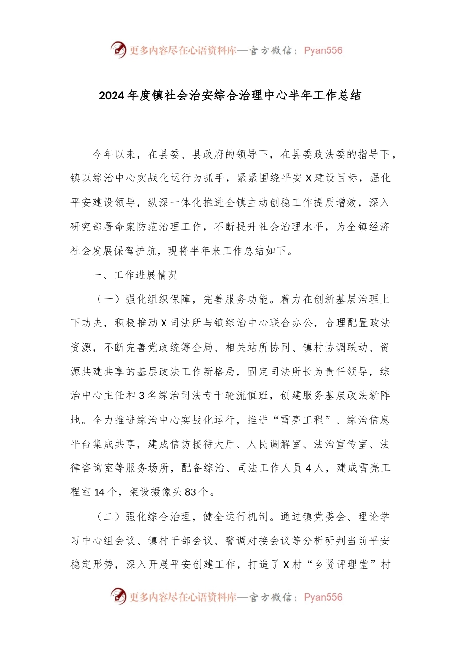 2024年度镇社会治安综合治理中心半年工作总结.docx_第1页