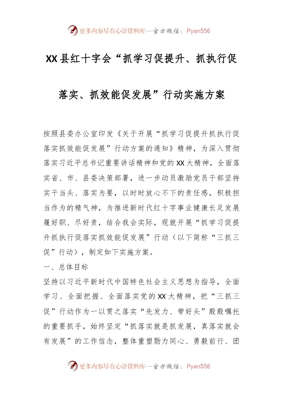 XX县红十字会“抓学习促提升、抓执行促落实、抓效能促发展”行动实施方案.docx_第1页