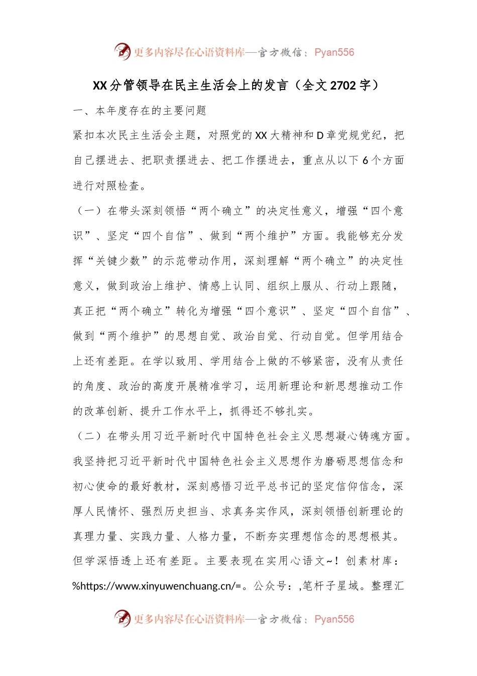 XX分管领导在民主生活会上的发言（全文2702字）.docx_第1页