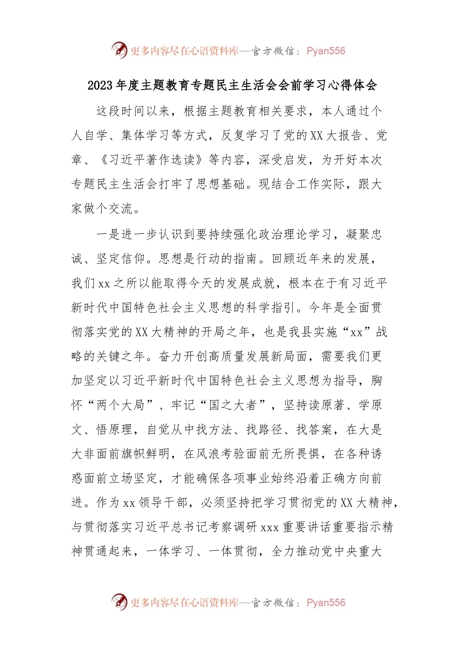 2023年度主题教育专题民主生活会会前学习心得体会.docx_第1页