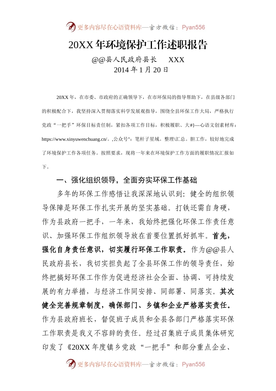 20XX年环境保护工作述职报告.docx_第1页