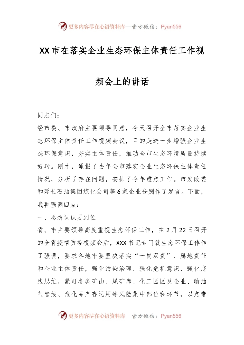 XX市在落实企业生态环保主体责任工作视频会上的讲话.docx_第1页