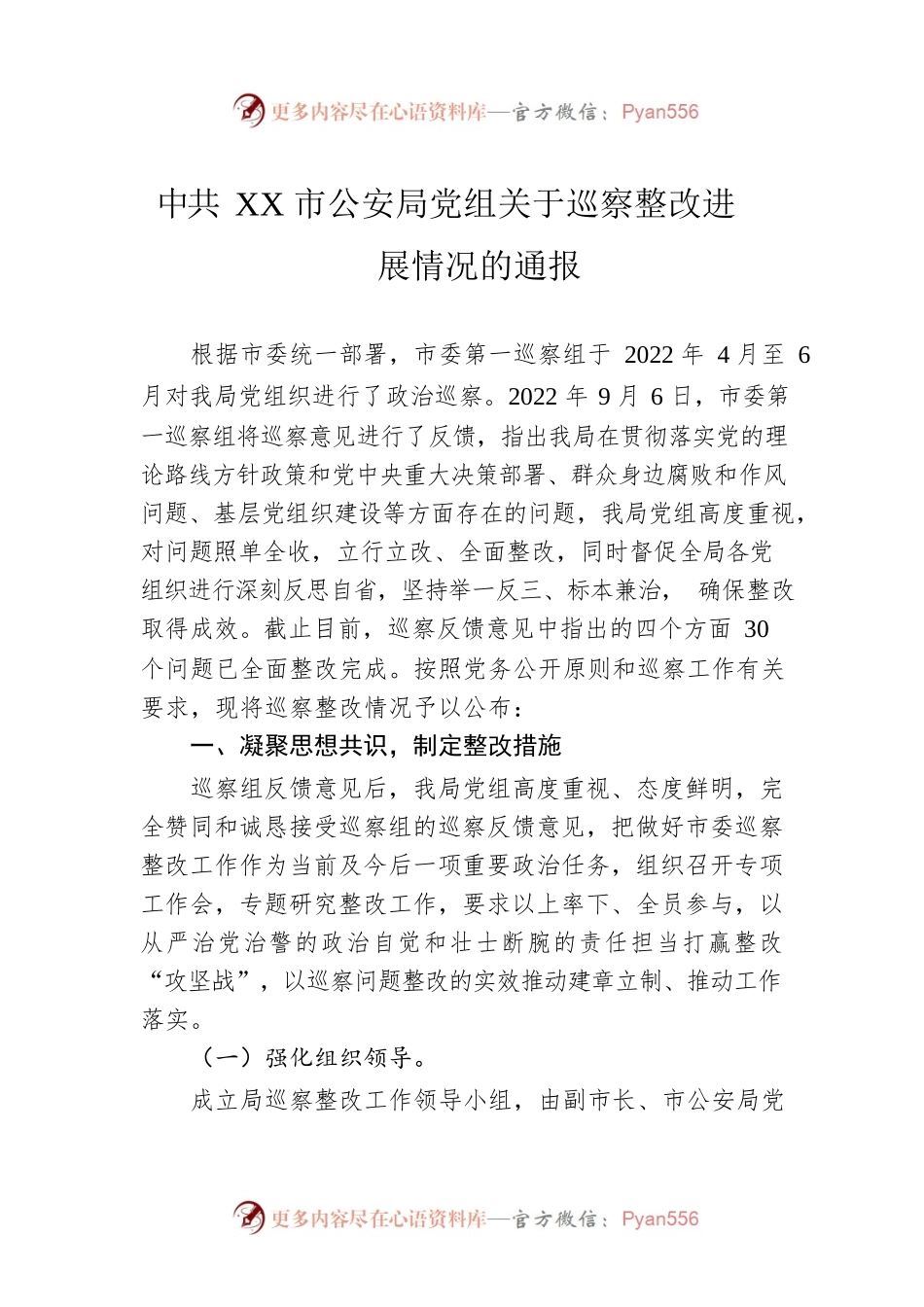 XX市公安局党组关于巡察整改进展情况的通报（20230215）.docx_第1页