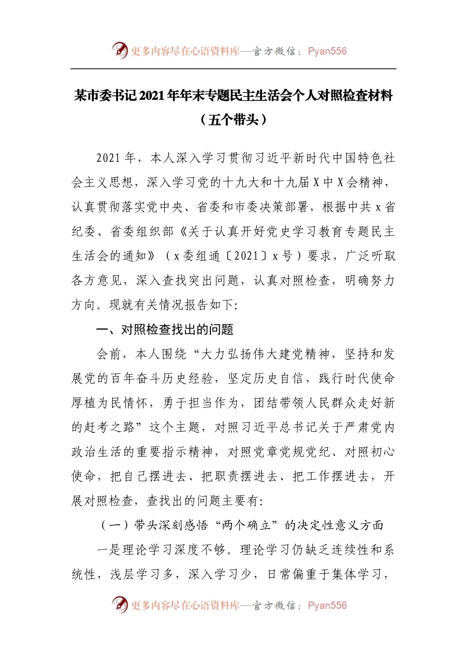 39个人2021年专题民主生活会个人对照检查材料[主要负责人].docx_第1页