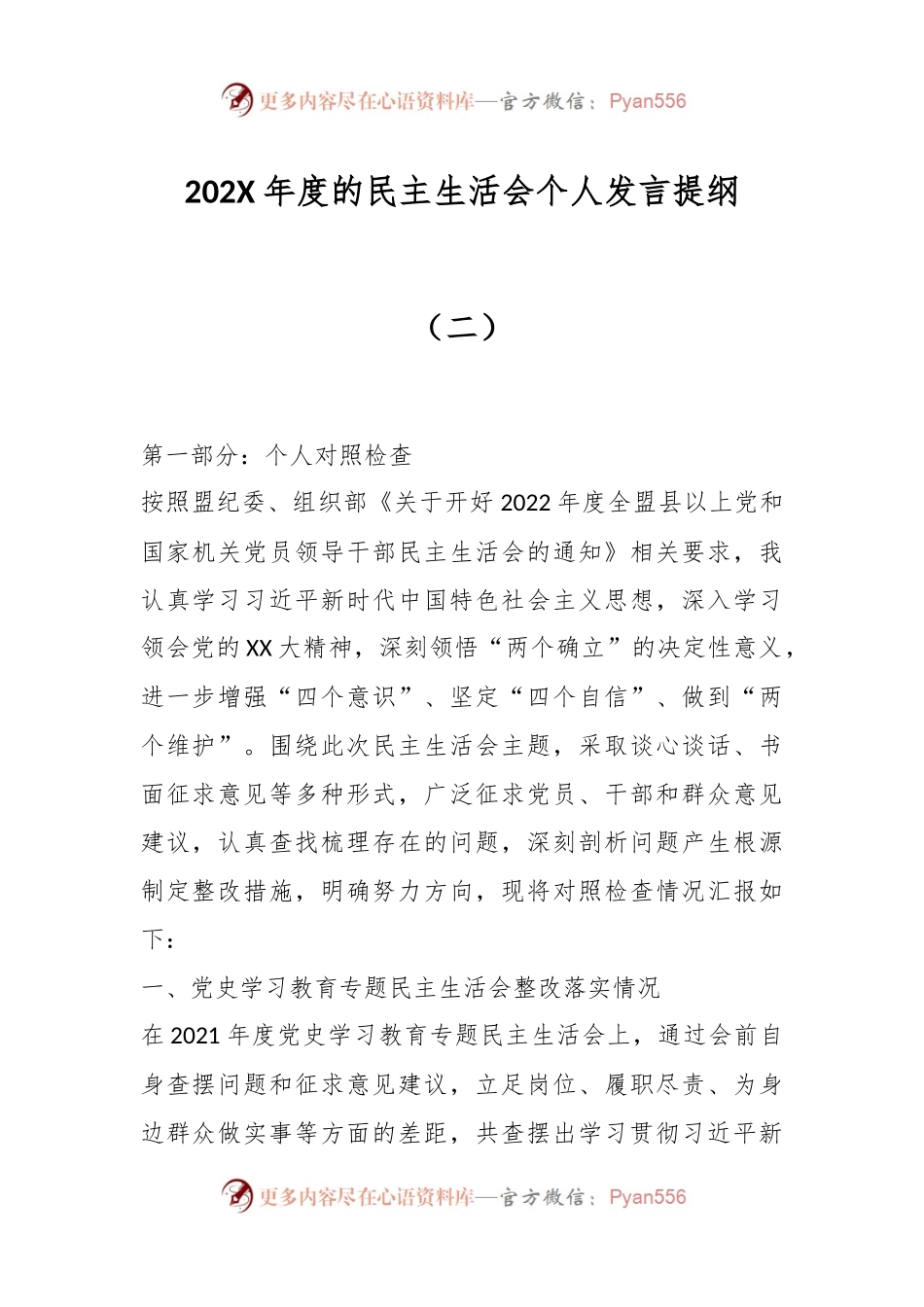 202X年度的民主生活会个人发言提纲（二）.docx_第1页