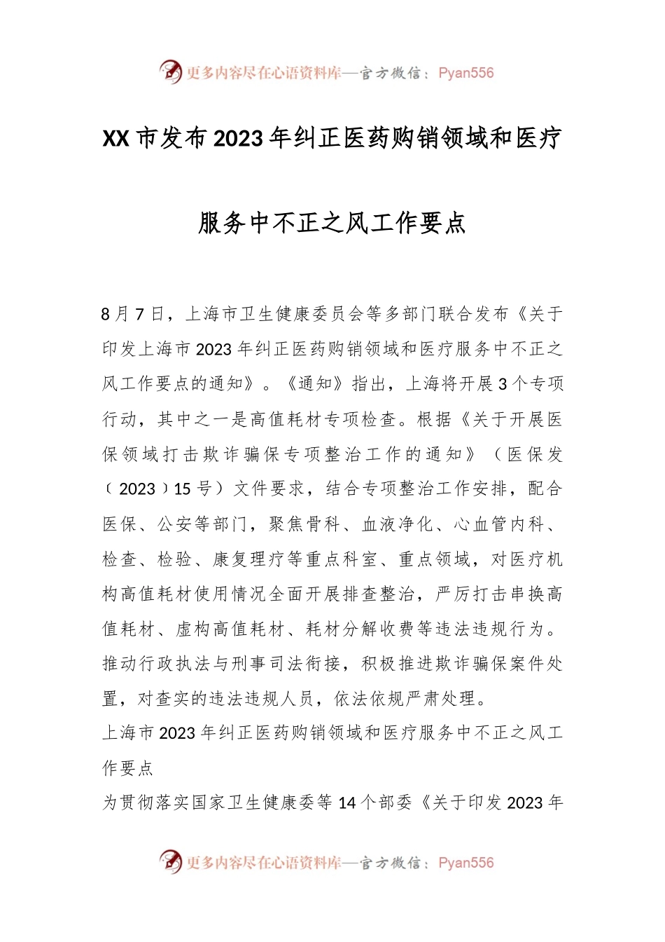 XX市发布2023年纠正医药购销领域和医疗服务中不正之风工作要点.docx_第1页