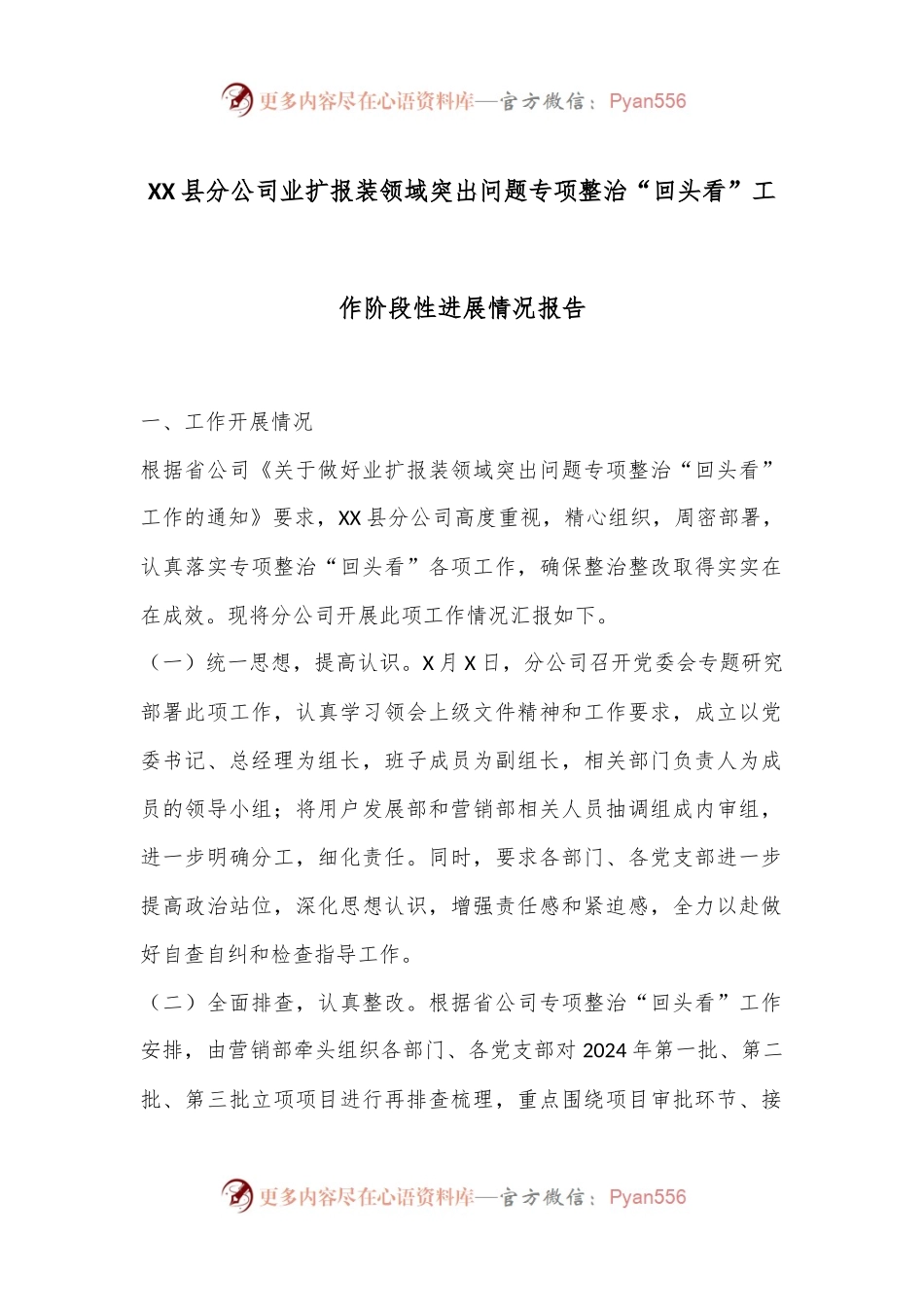 XX县分公司业扩报装领域突出问题专项整治“回头看”工作阶段性进展情况报告.docx_第1页