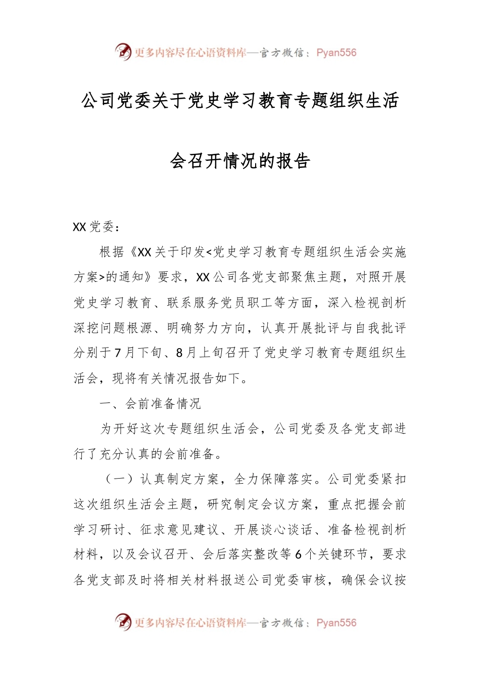 XX公司党委关于党史学习教育专题组织生活会召开情况的报告.docx_第1页