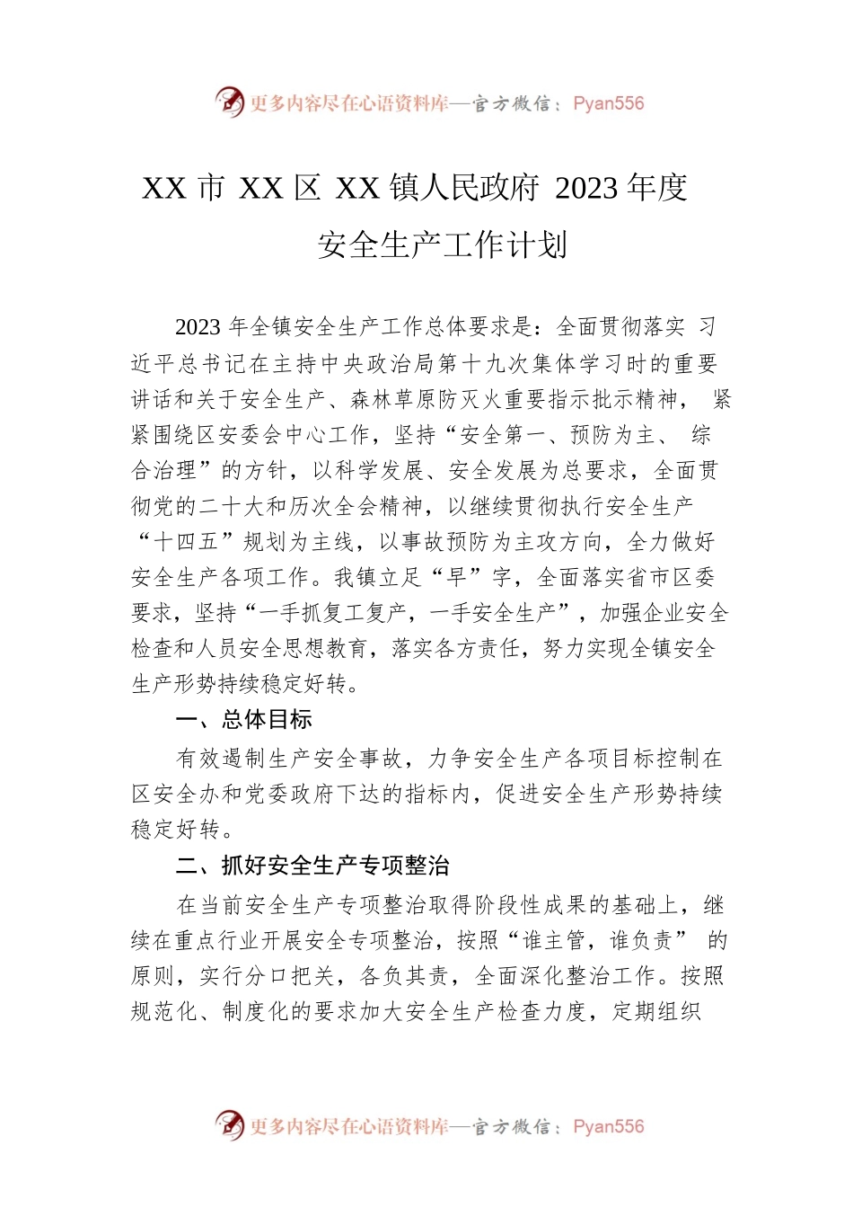 XX市XX区XX镇人民政府2023年度安全生产工作计划.docx_第1页