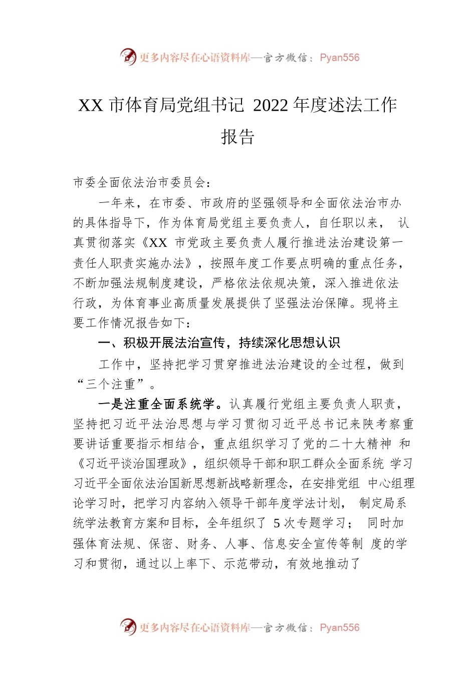 XX市体育局党组书记2022年度述法工作报告（20221124）.docx_第1页