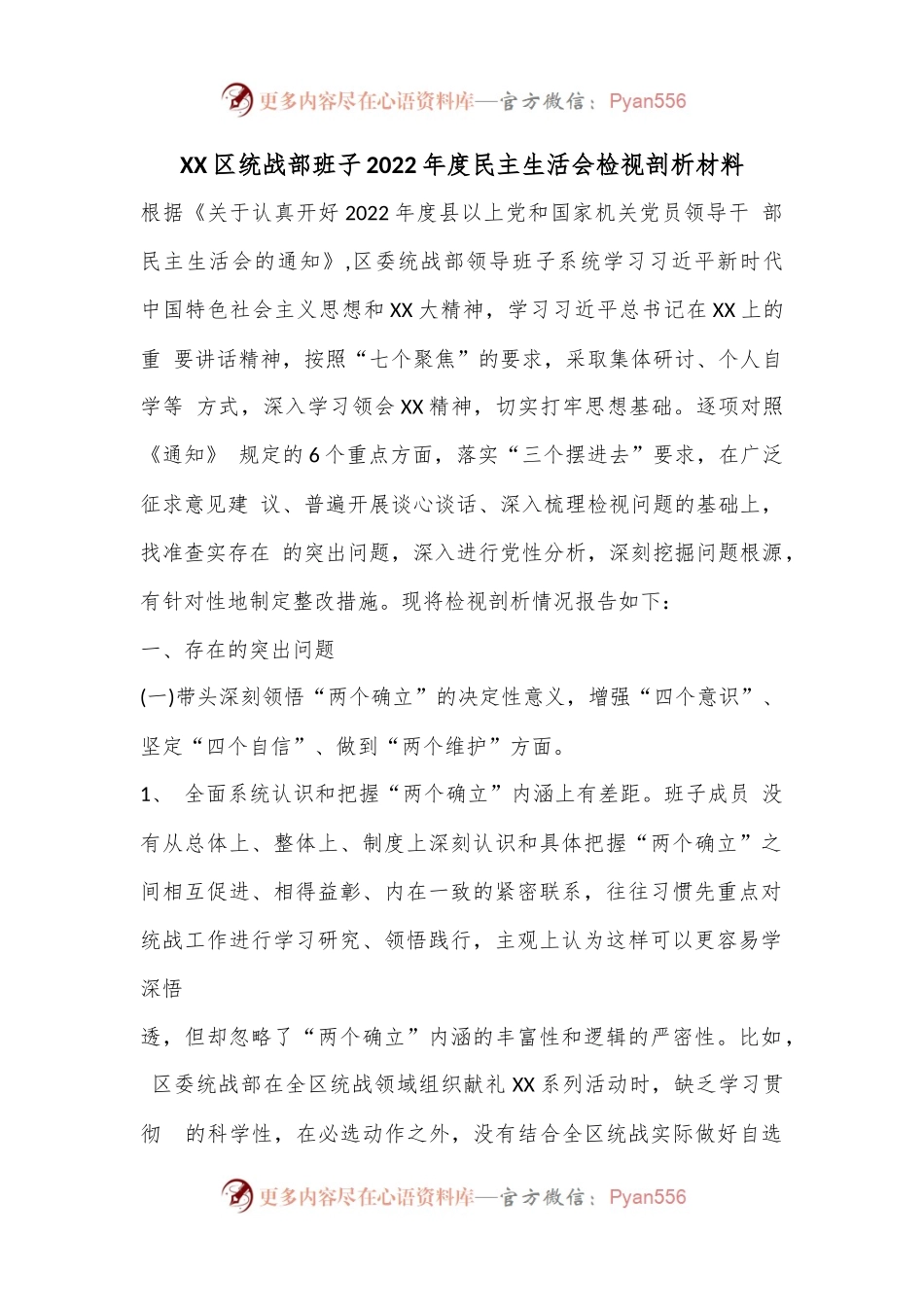 XX区统战部班子2022年度民主生活会检视剖析材料.docx_第1页