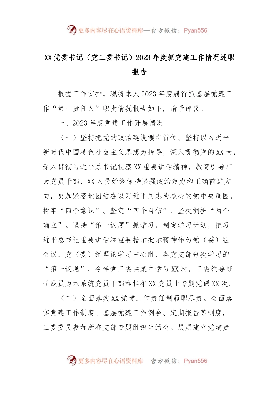 XX党委书记（党工委书记）2023年度抓党建工作情况述职报告.docx_第1页