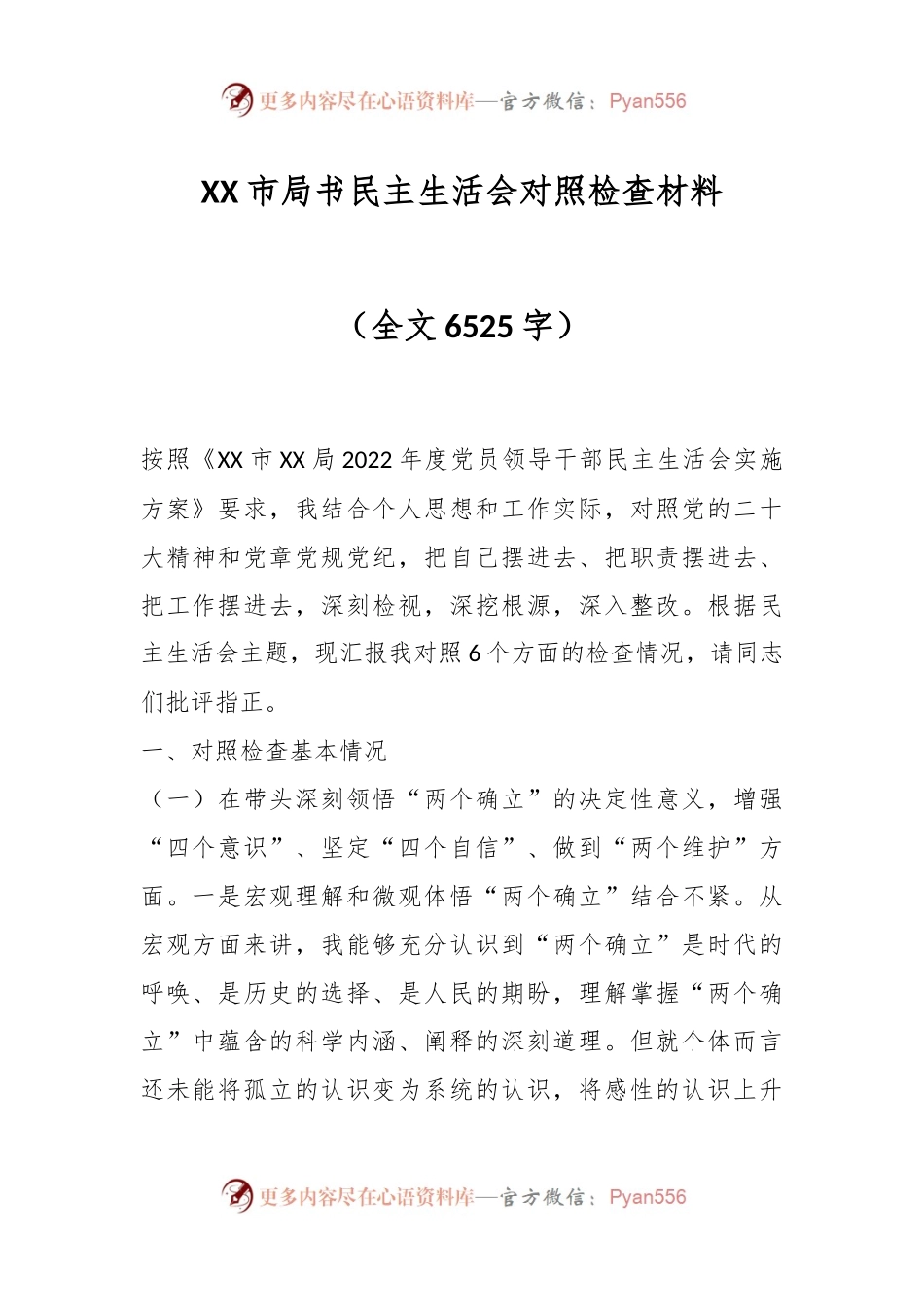 XX市局书民主生活会对照检查材料（全文6525字）.docx_第1页