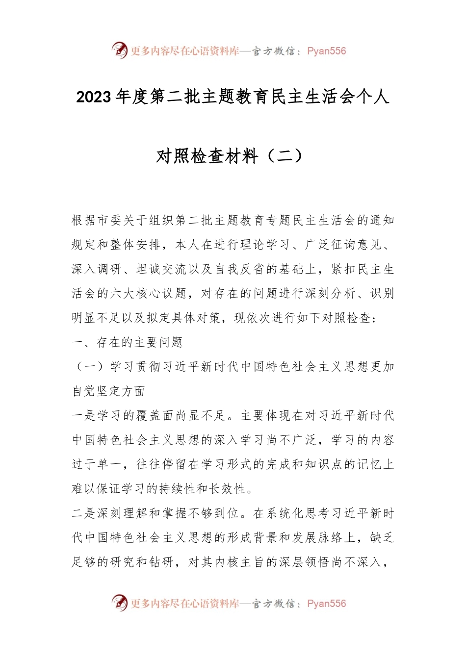 2023年度第二批主题教育民主生活会个人对照检查材料（二）.docx_第1页