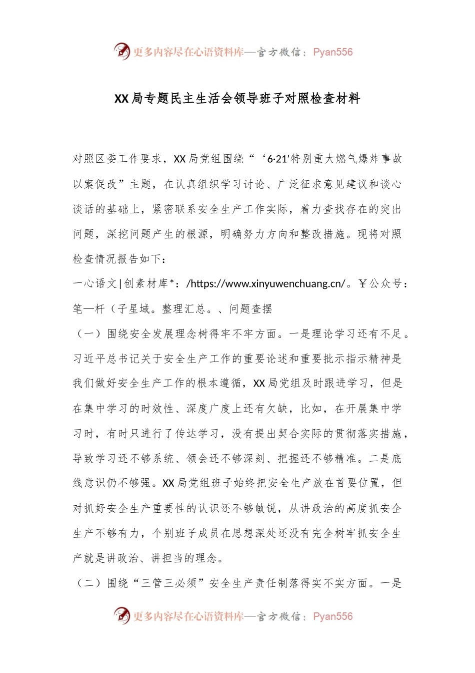 XX局专题民主生活会领导班子对照检查材料.docx_第1页