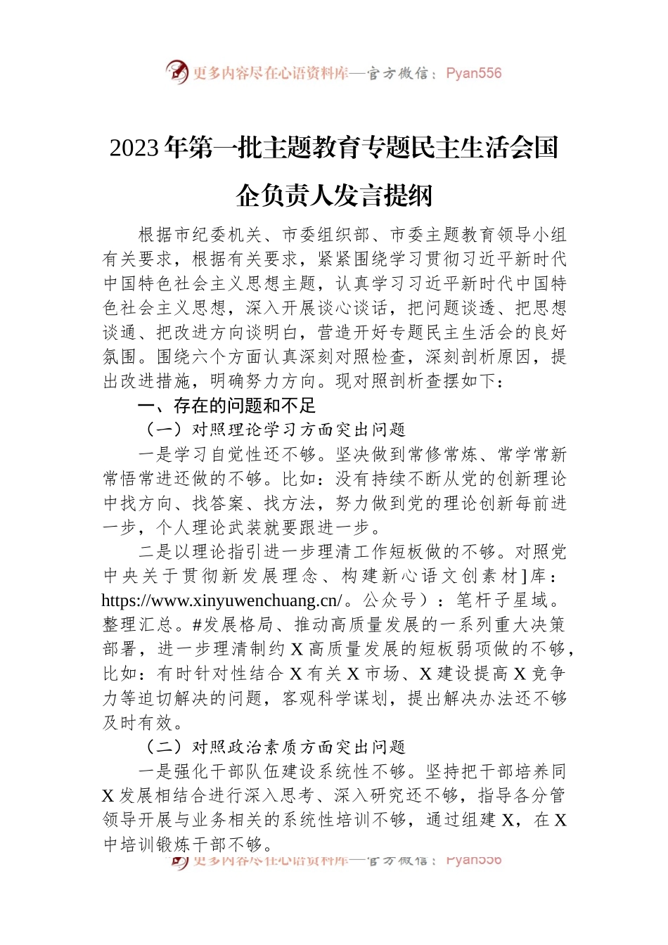 2023年第一批主题教育专题民主生活会国企负责人发言提纲.docx_第1页