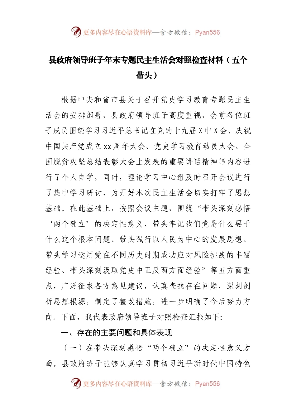 56班子2021年专题民主生活会对照检查材料（政府）.docx_第1页