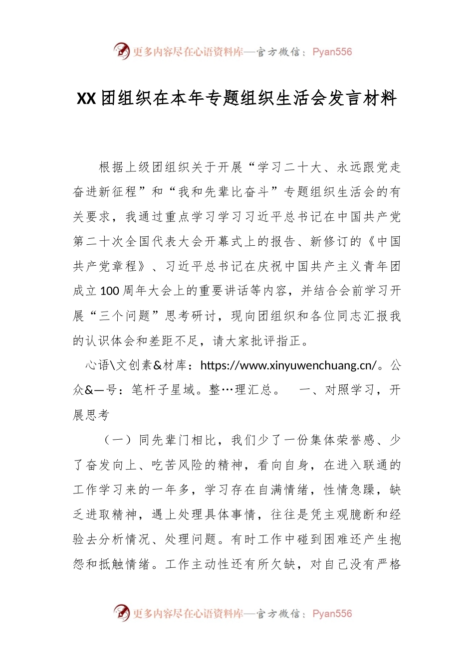 XX团组织在本年专题组织生活会发言材料.docx_第1页