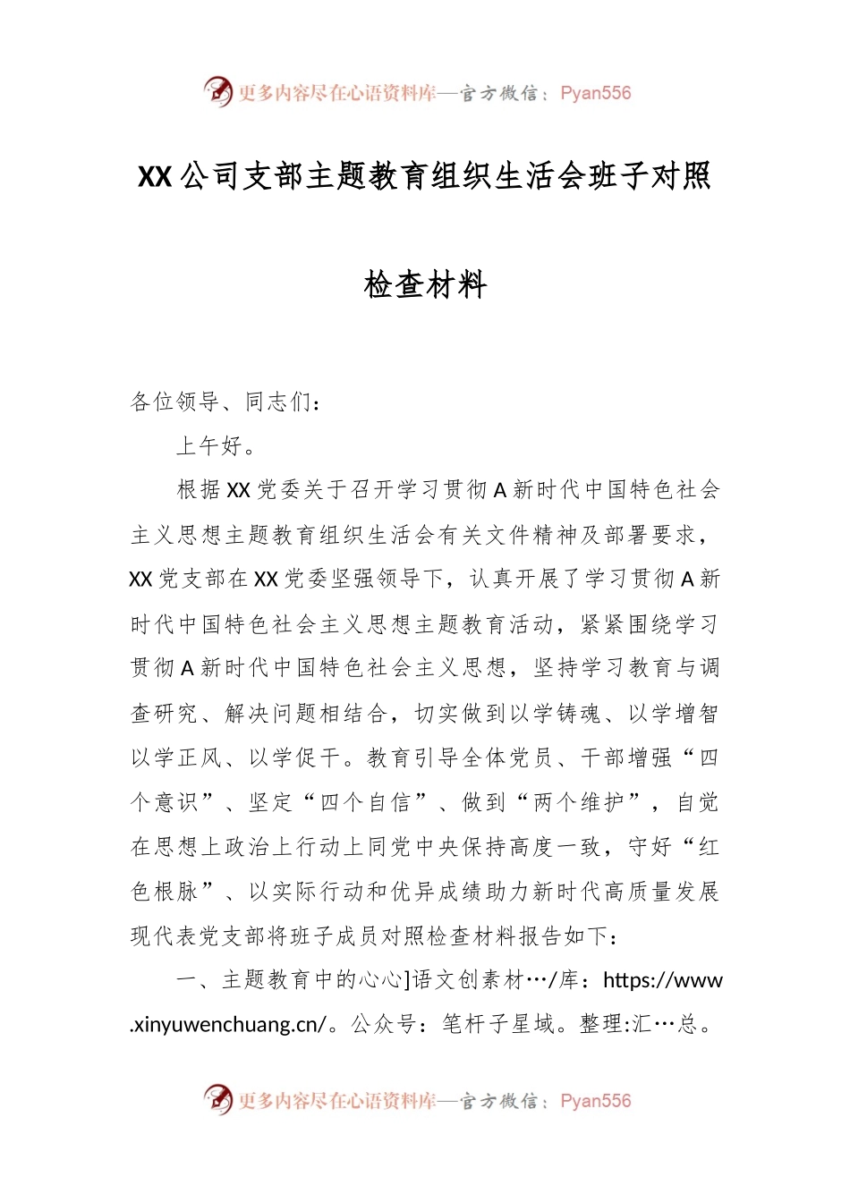 XX公司支部主题教育组织生活会班子对照检查材料.docx_第1页