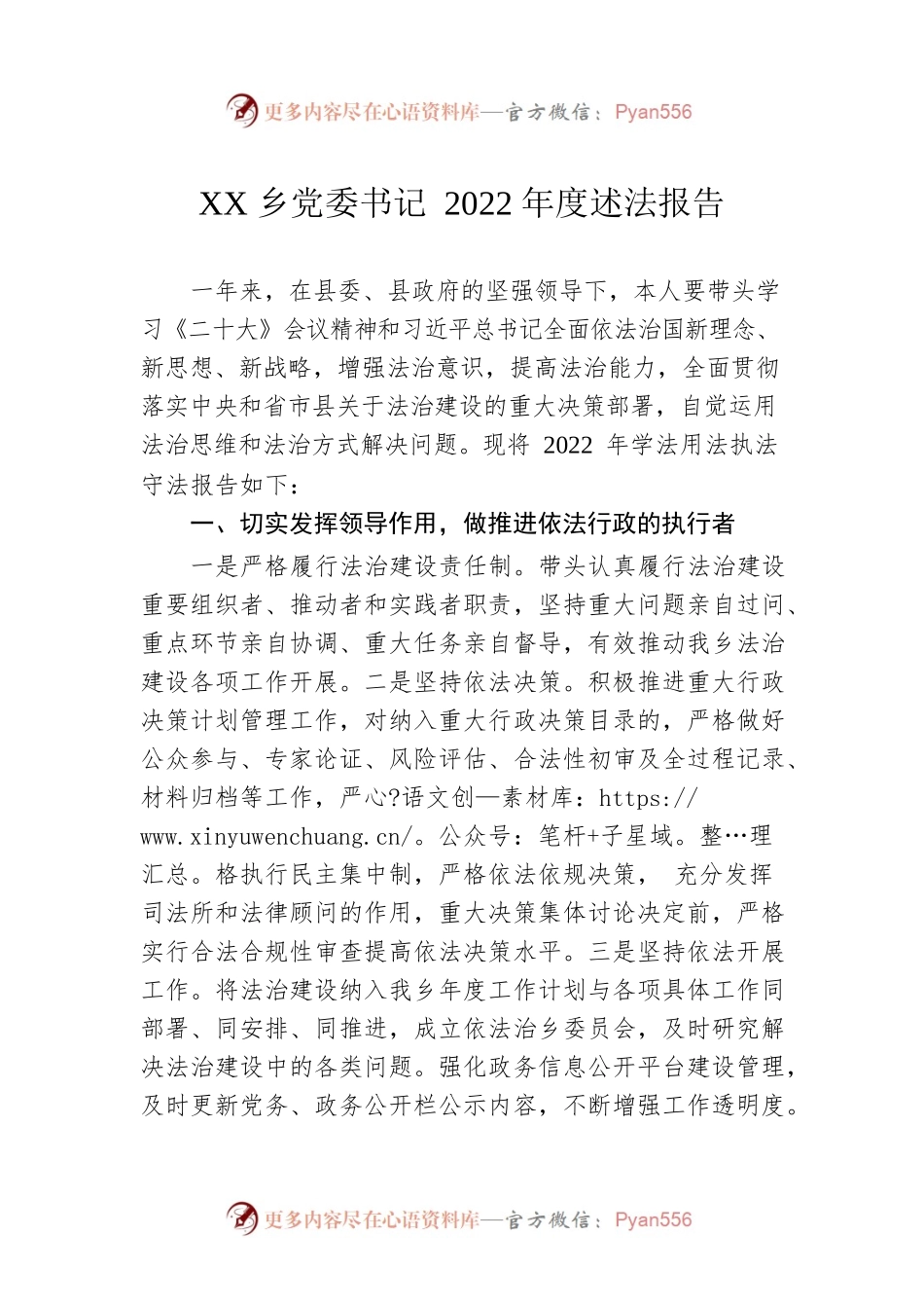 XX乡党委书记2022年度述法报告（20230105）.docx_第1页