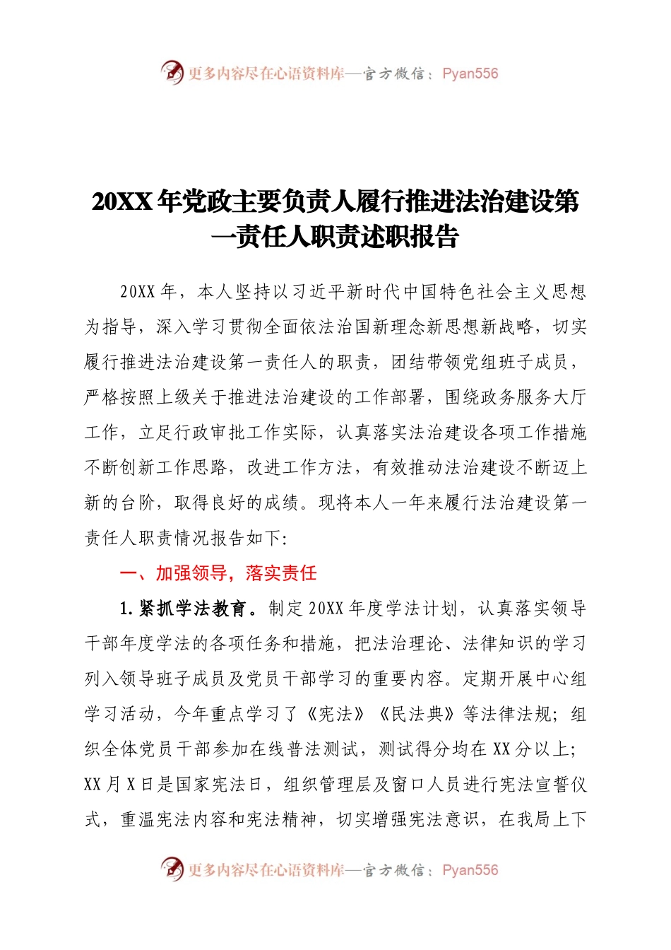 20XX年党政主要负责人履行推进法治建设第一责任人职责述职报告.docx_第1页