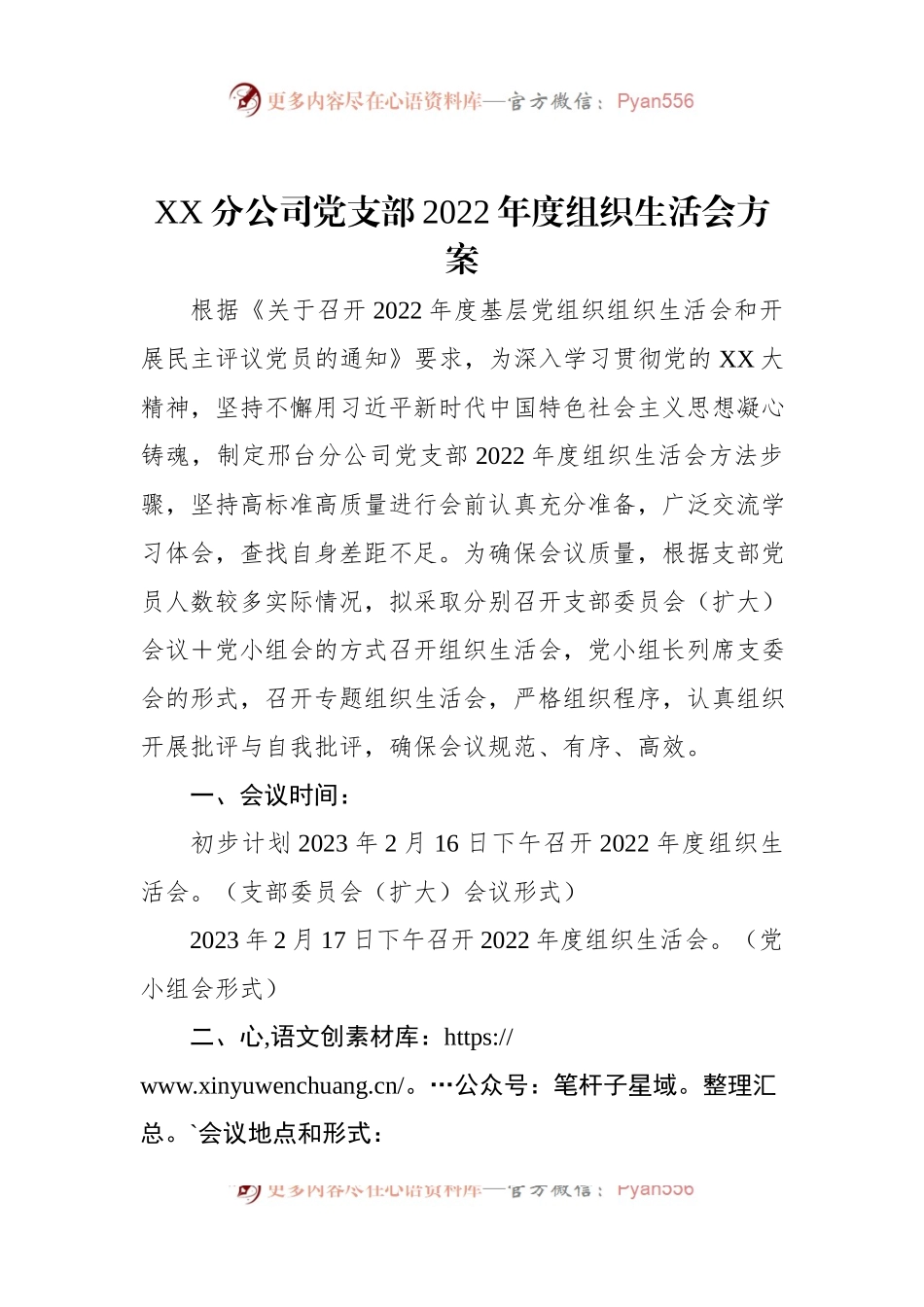 XX分公司党支部2022年度组织生活会方案.docx_第1页