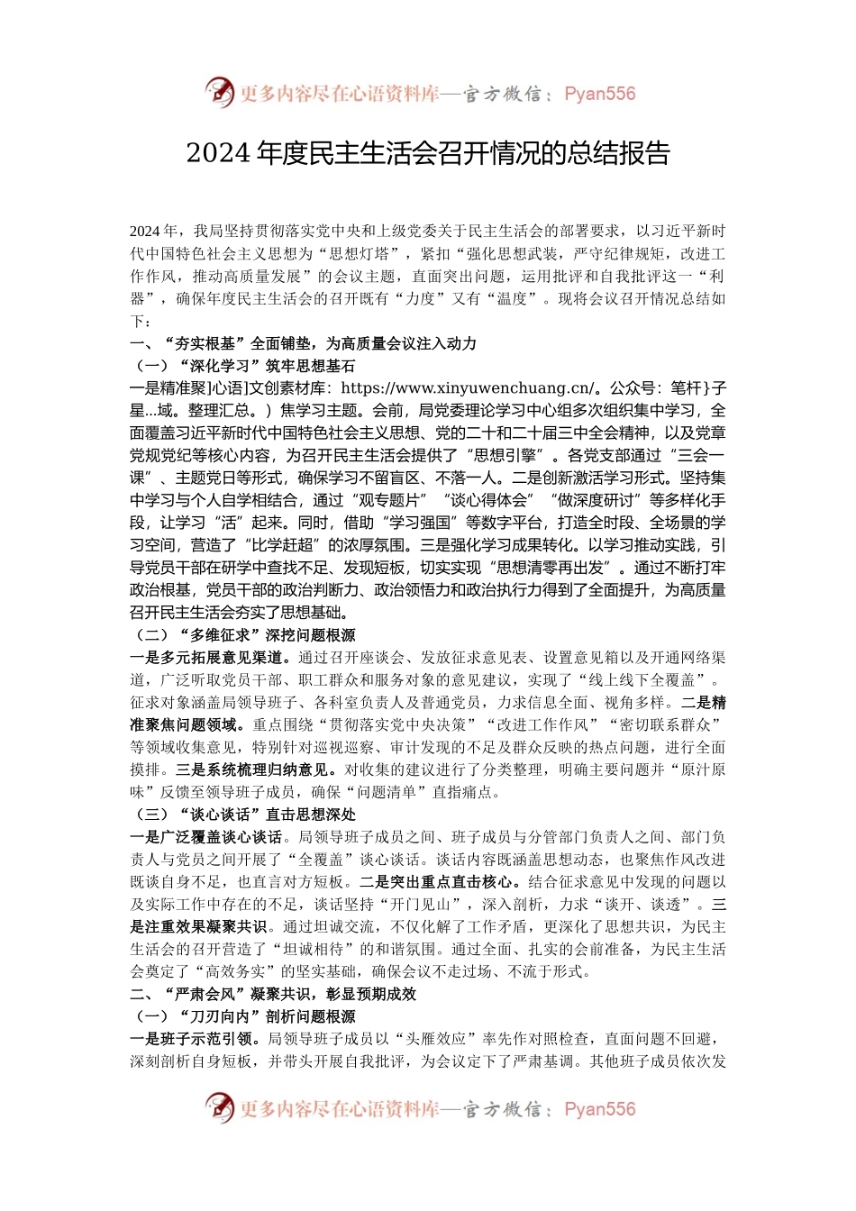 2024年度民主生活会召开情况的总结报告.docx_第1页