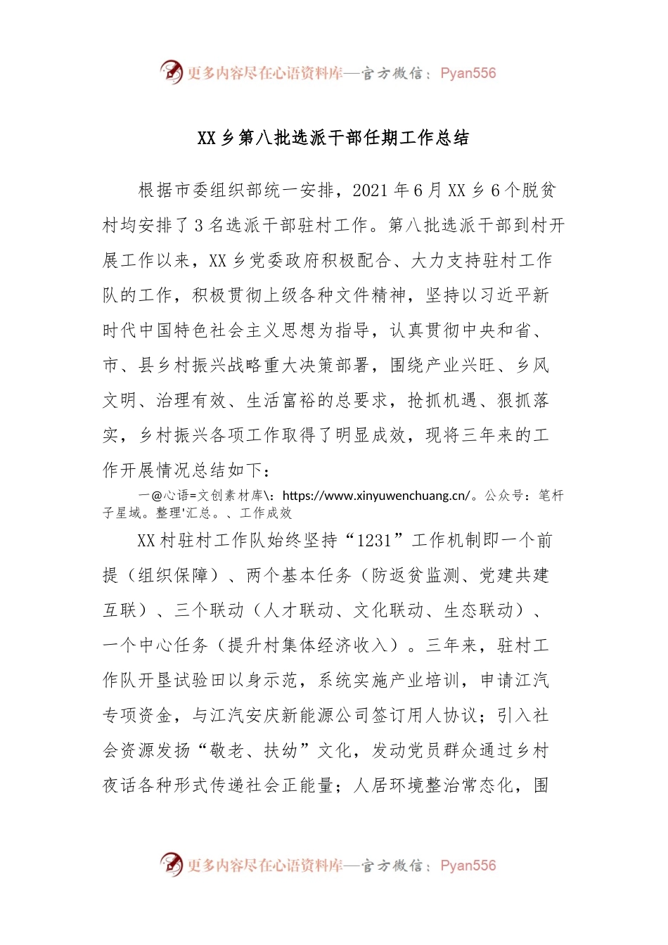 XX乡第八批选派干部任期工作总结.docx_第1页