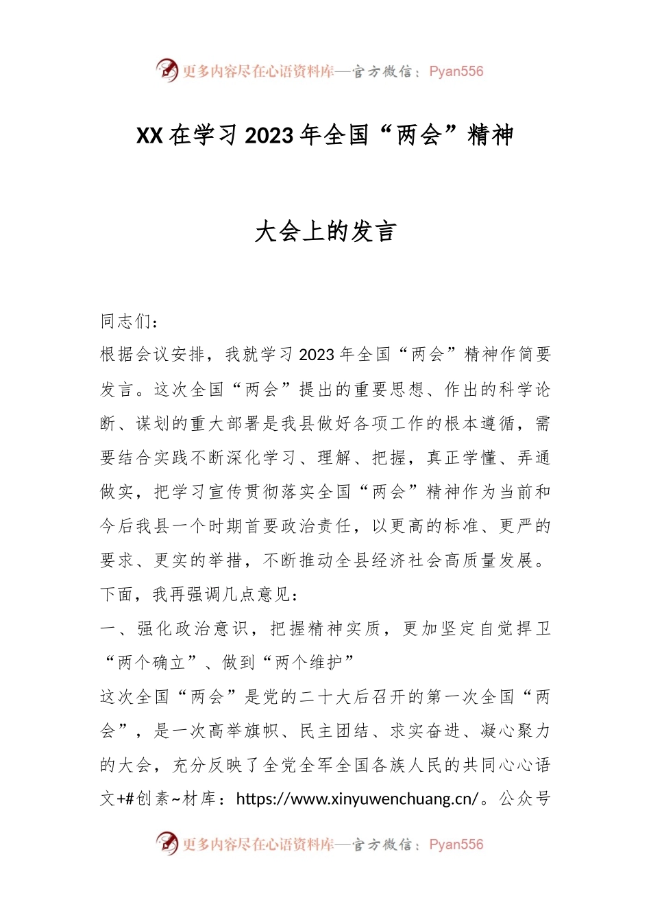 XX在学习2023年全国“两会”精神大会上的发言.docx_第1页