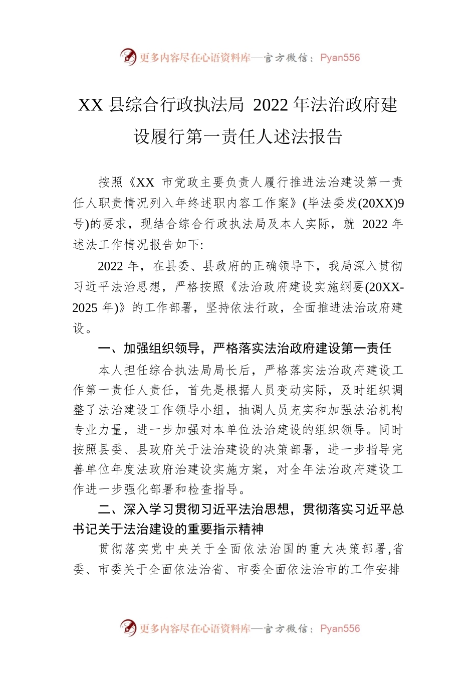 XX县综合行政执法局2022年法治政府建设履行第一责任人述法报告（20221206）.docx_第1页