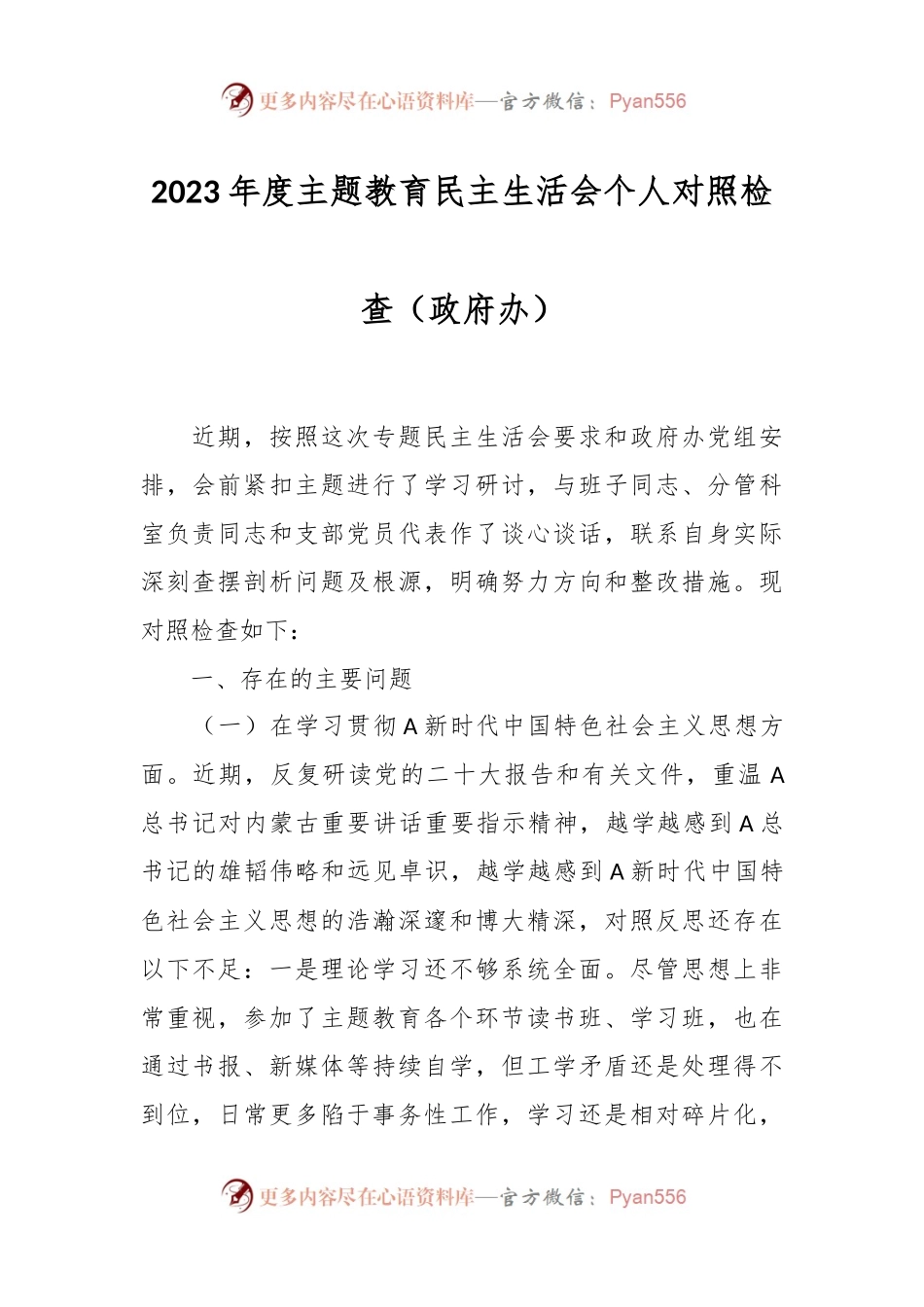 2023年度主题教育民主生活会个人对照检查（政府办）.docx_第1页